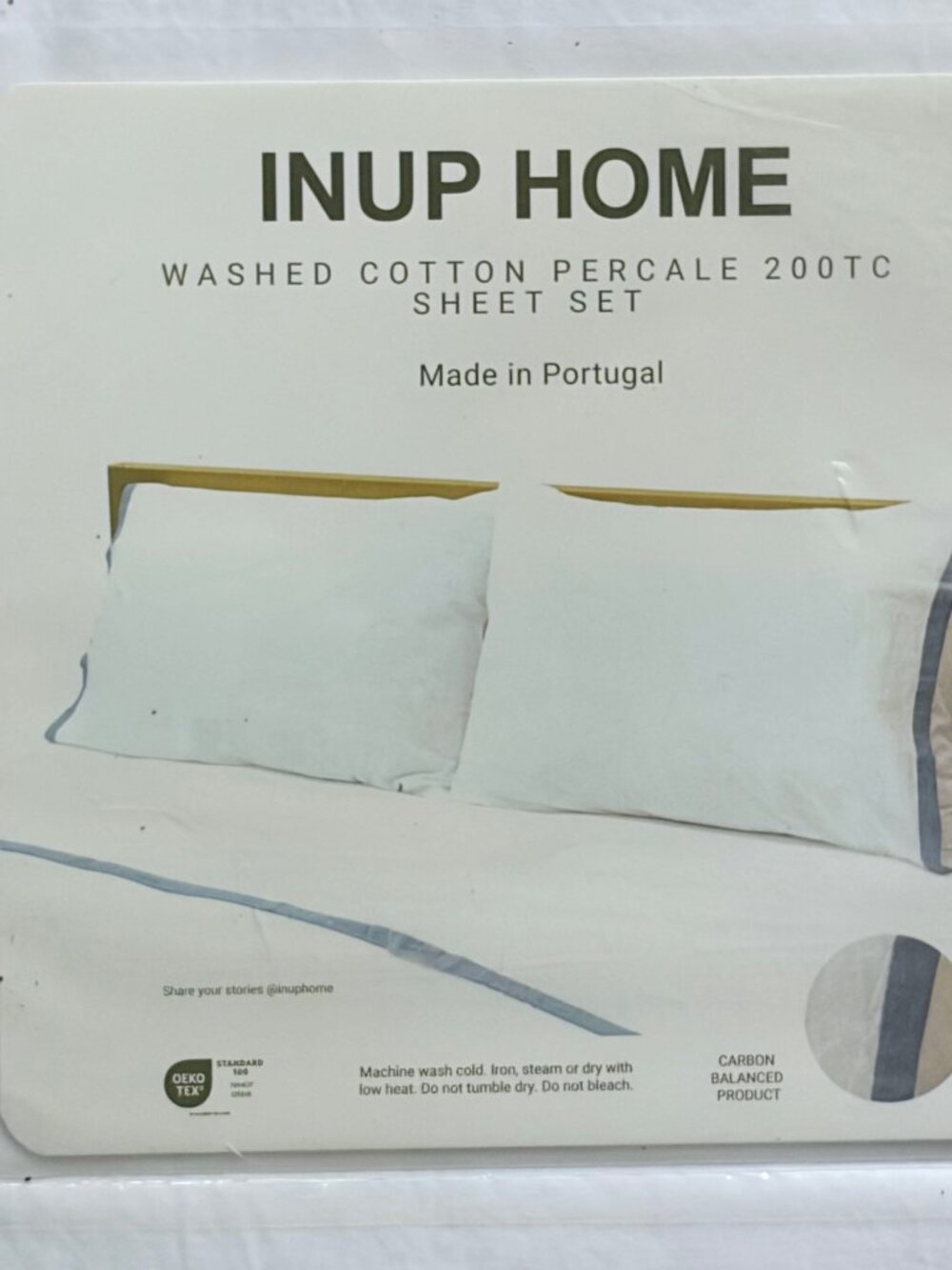 INUP HOME Queen Size Washed Cotton Percale Sheet Set (With Blue Gray Band) - Picture 7 of 8